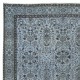 Contemporary Handmade Blue Color Turkish Wool Area Rug with Floral Design
