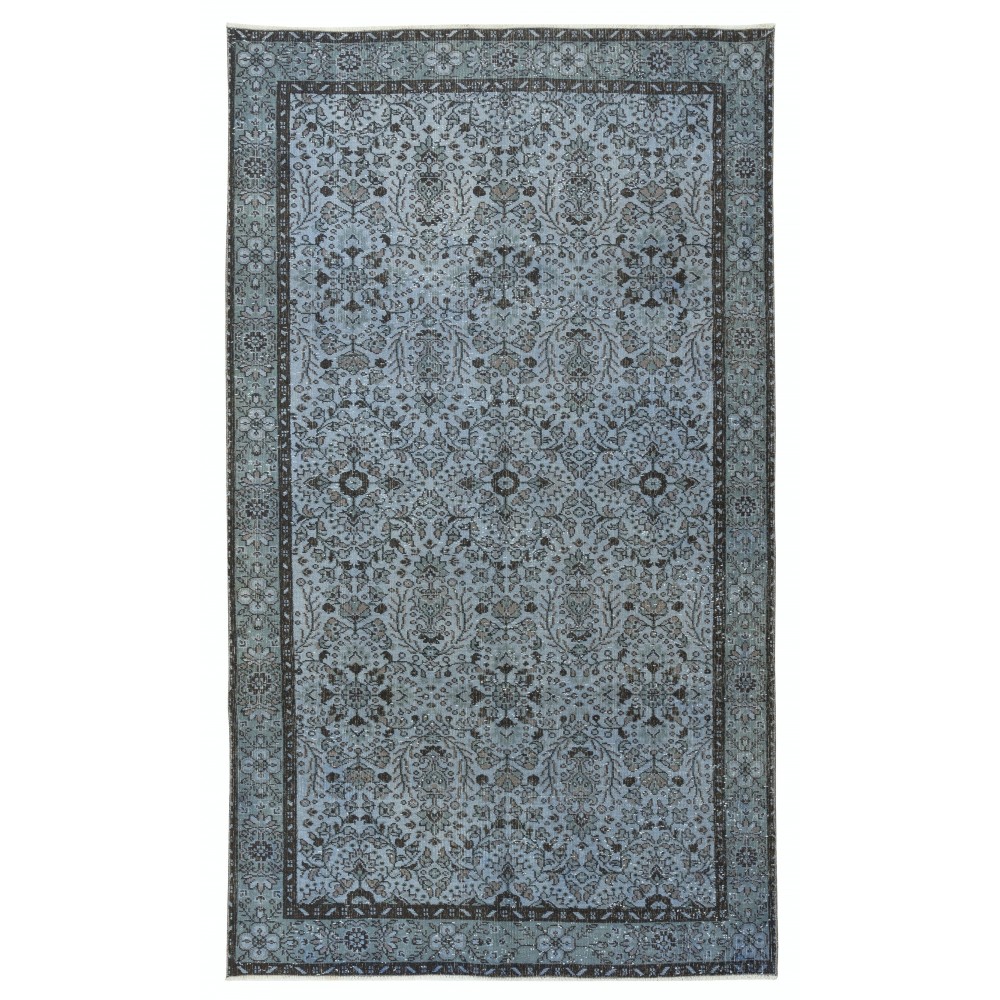 Contemporary Handmade Blue Color Turkish Wool Area Rug with Floral Design