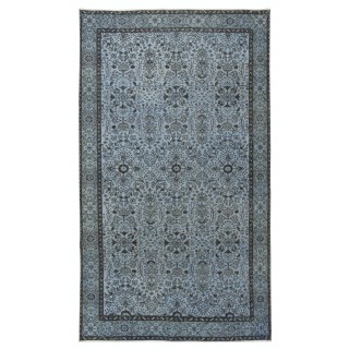 Contemporary Handmade Blue Color Turkish Wool Area Rug with Floral Design