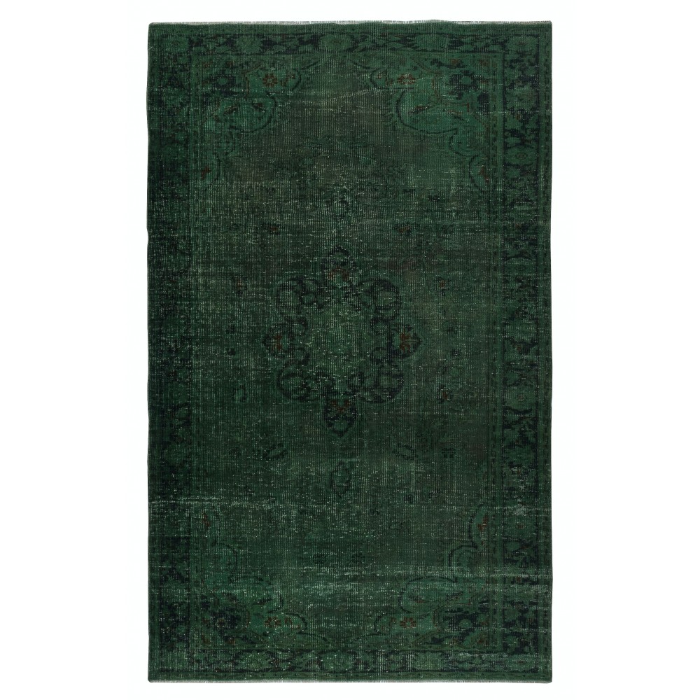 Modern Wool Area Rug in Dark Green. Hand-Knotted in Turkey