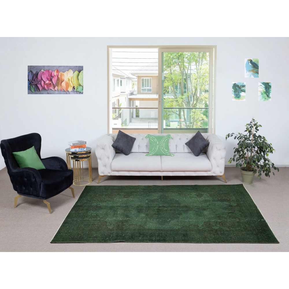 Modern Area Rug in Dark Green, Hand-woven and Hand-knotted in Turkey