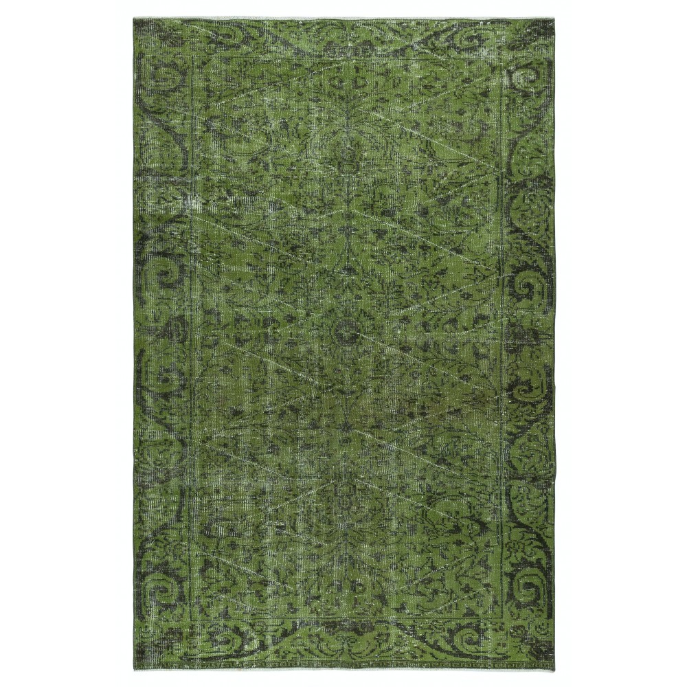 Modern Handmade Turkish Area Rug Over-Dyed in Green Color