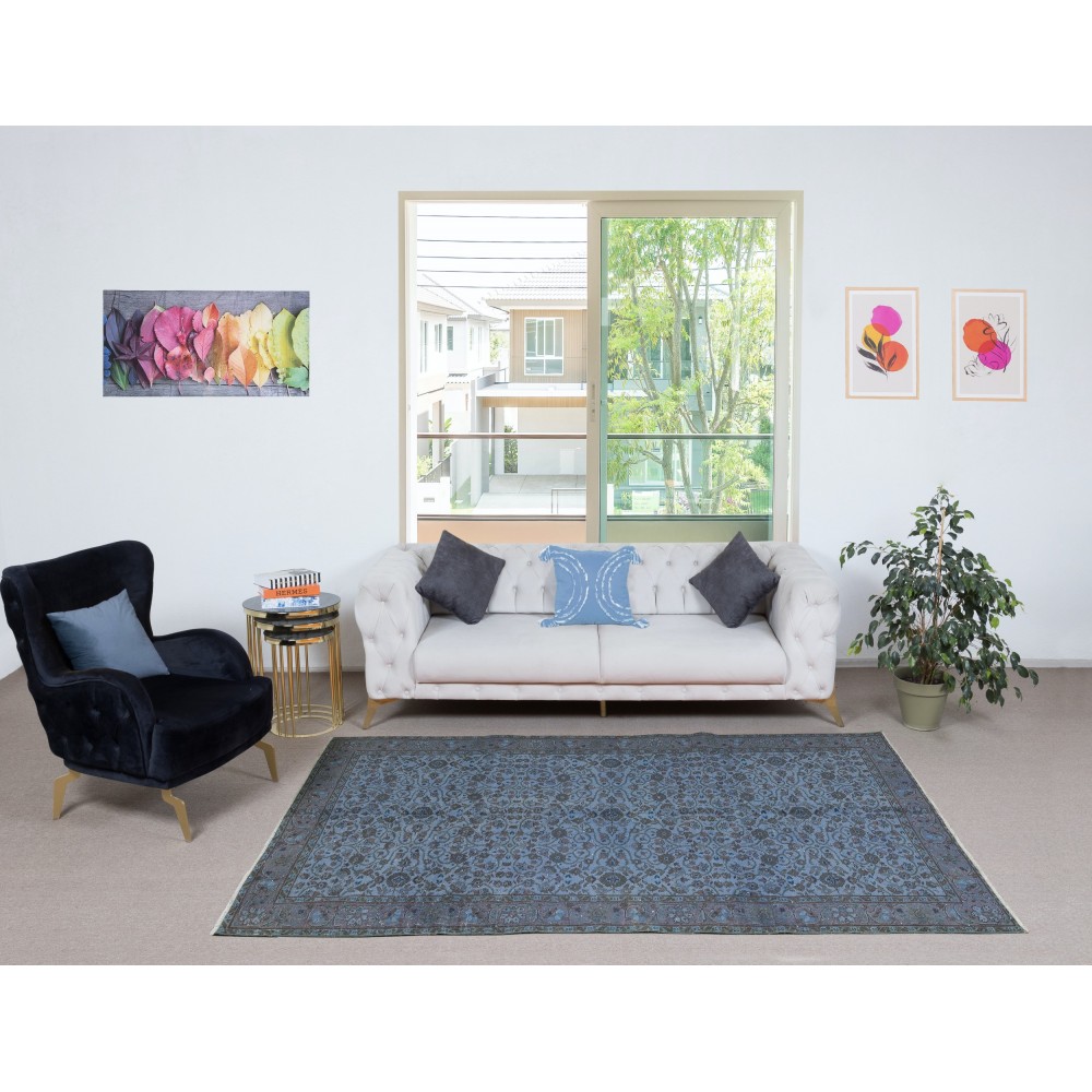 Contemporary Low Pile Handmade Blue Color Turkish Wool Area Rug with Floral Design