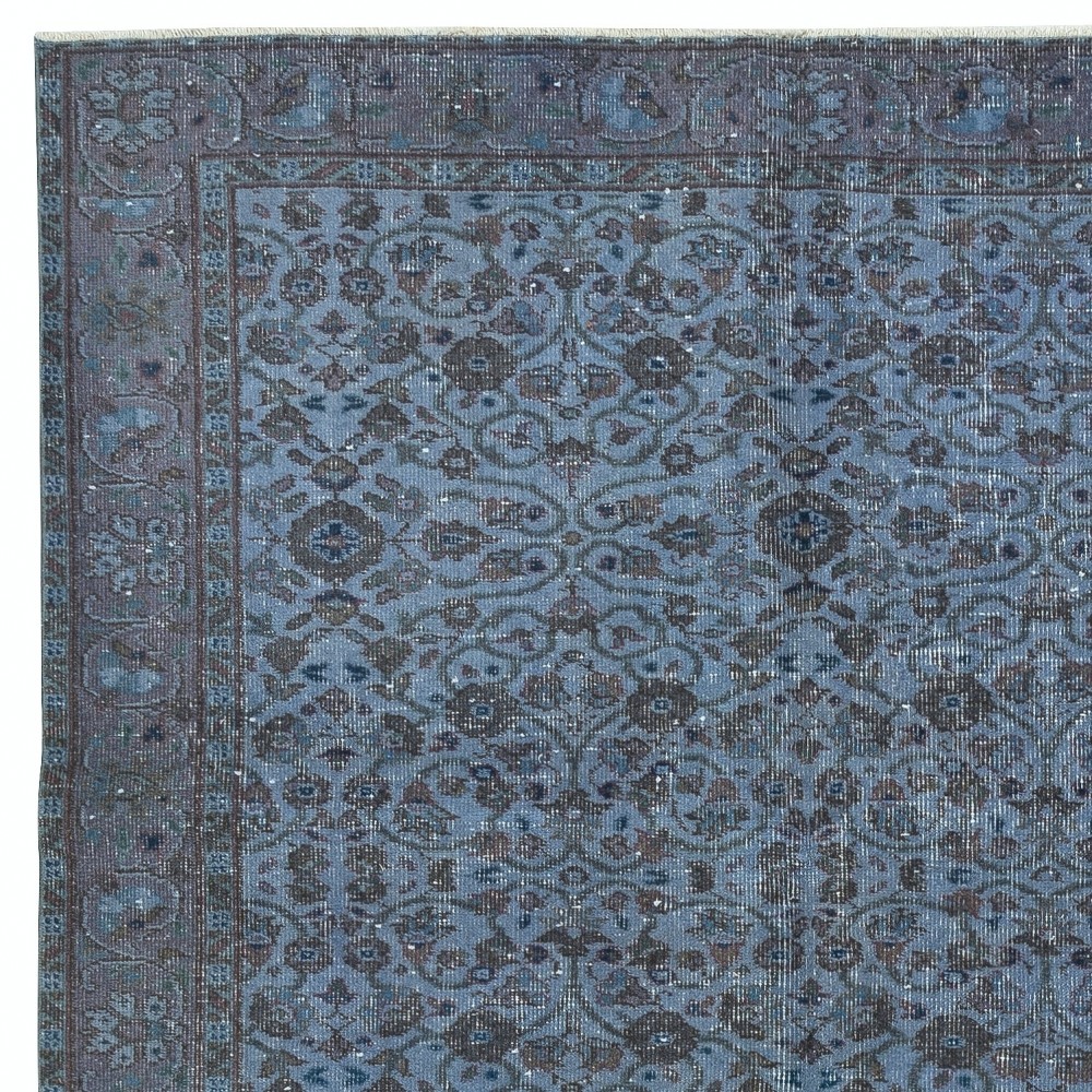 Contemporary Low Pile Handmade Blue Color Turkish Wool Area Rug with Floral Design