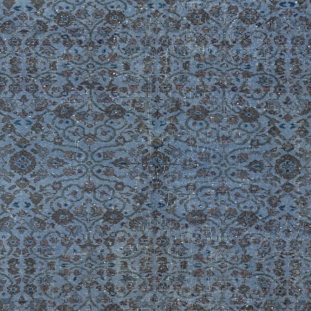 Contemporary Low Pile Handmade Blue Color Turkish Wool Area Rug with Floral Design