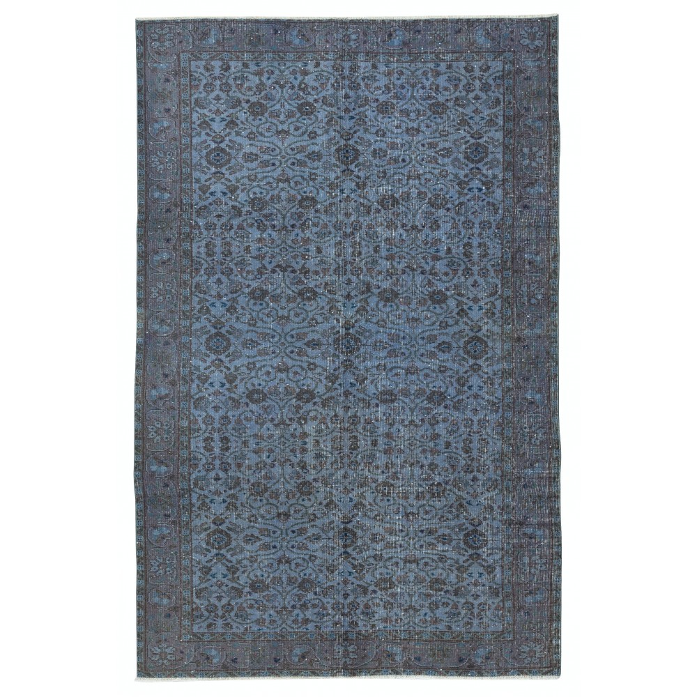Contemporary Low Pile Handmade Blue Color Turkish Wool Area Rug with Floral Design