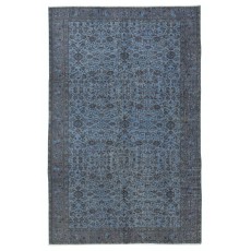 Contemporary Low Pile Handmade Blue Color Turkish Wool Area Rug with Floral Design