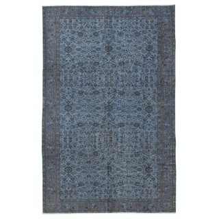 Contemporary Low Pile Handmade Blue Color Turkish Wool Area Rug with Floral Design