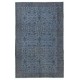 Contemporary Low Pile Handmade Blue Color Turkish Wool Area Rug with Floral Design