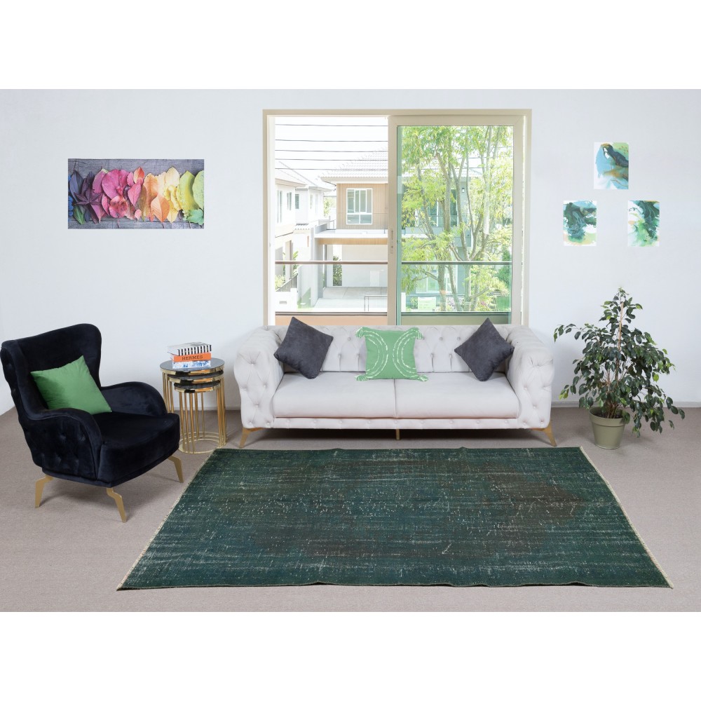 Handmade Dark Green Color Turkish Area Rug for Modern Interiors