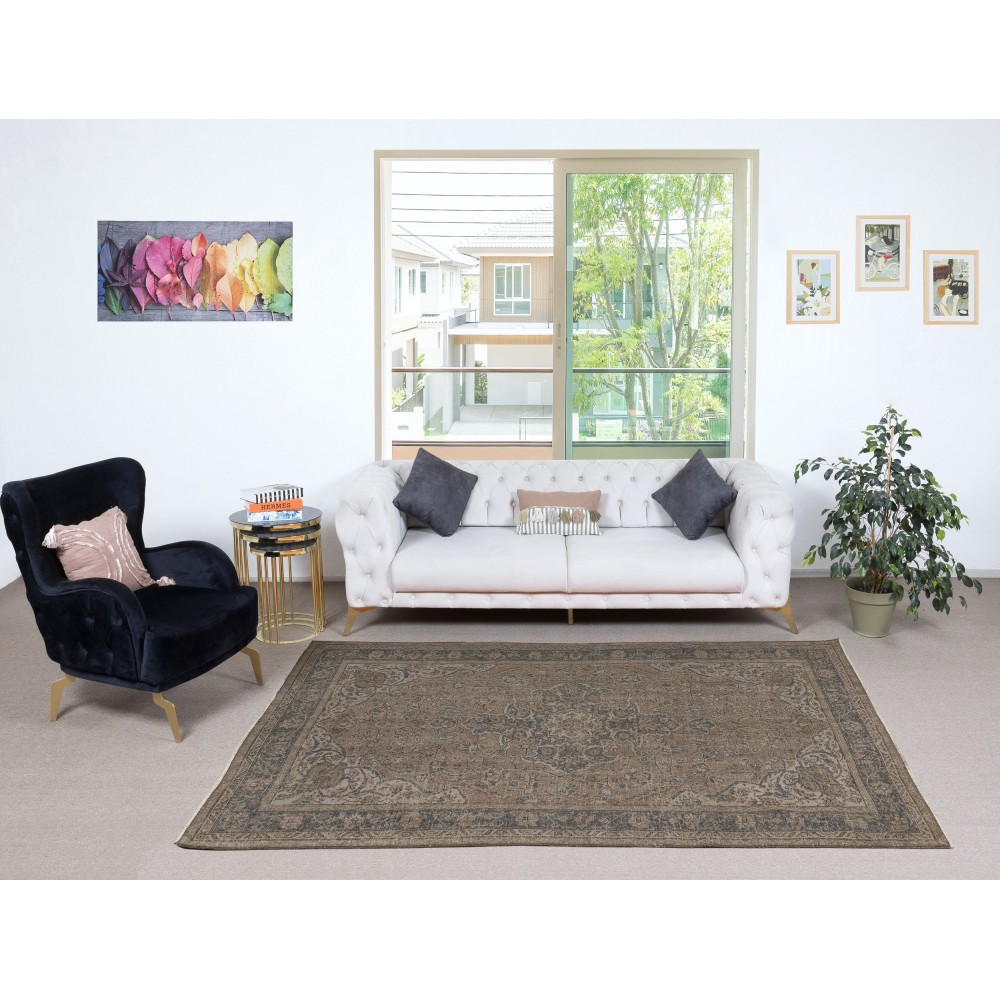 Modern Turkish Floor Rug in Brown Color. Hand Knotted Area Rug for Kitchen and Living Room