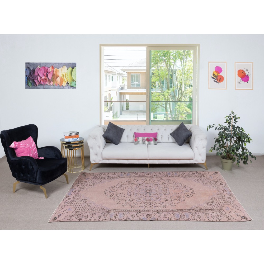 Contemporary Handmade Low Pile Turkish Wool Area Rug in Pink Color