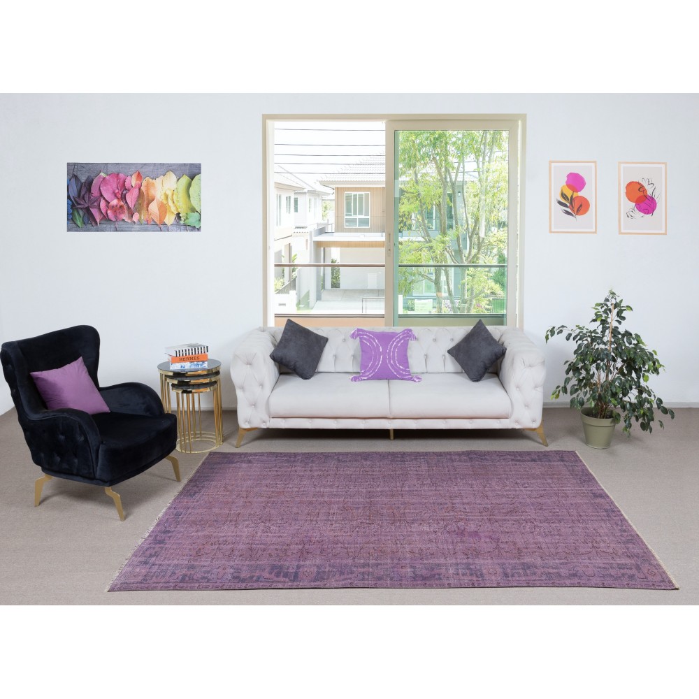 Vintage Handmade Turkish Area Rug redyed in Purple Color for modern interiors
