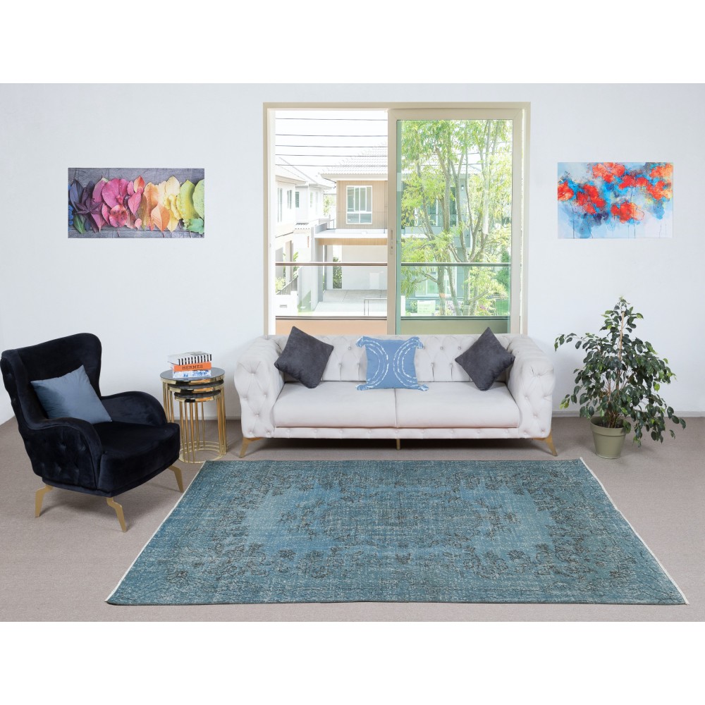 Light Blue Color Handmade Anti-Bacterial Turkish Wool Area Rug for Modern Home and Office Decor