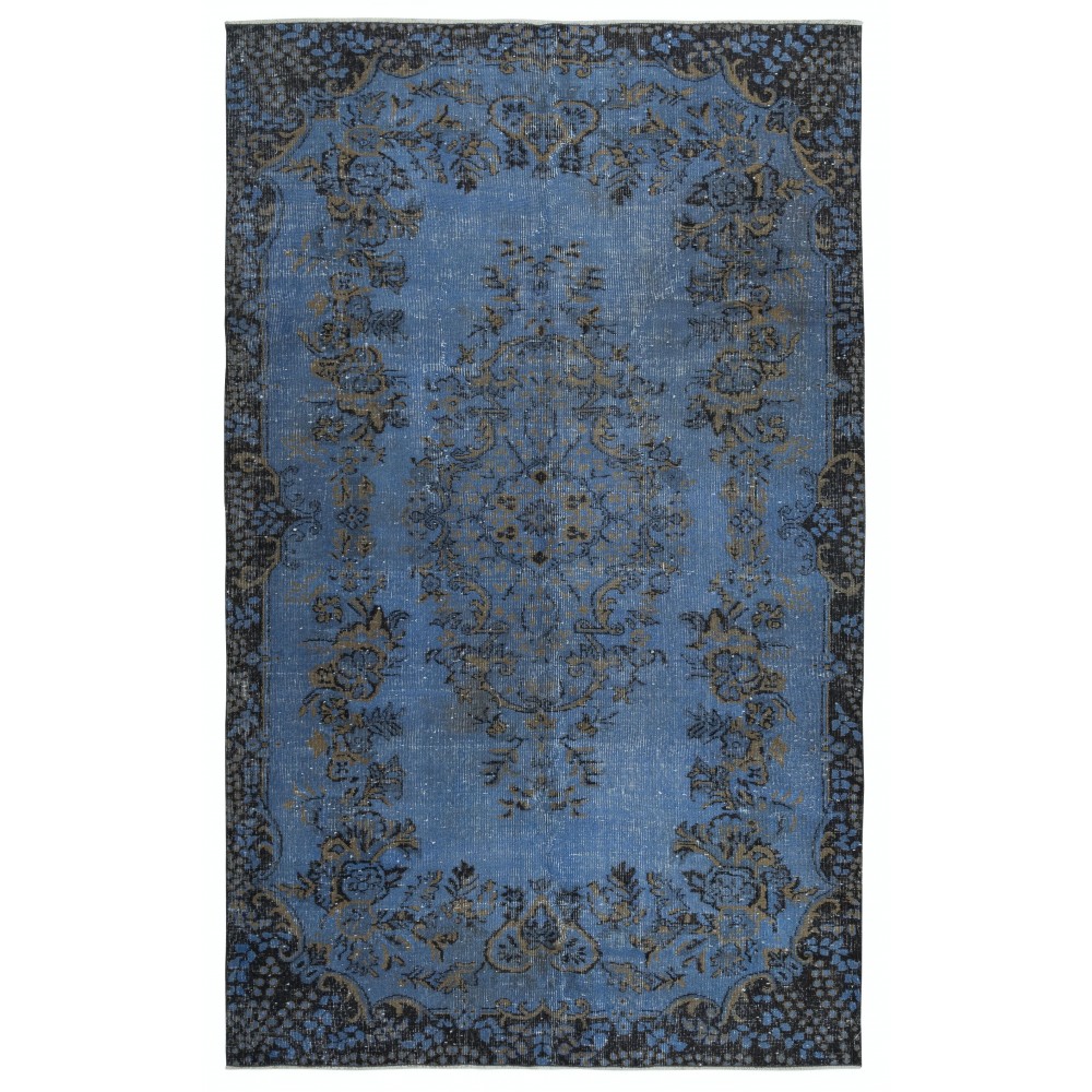 Contemporary Handmade Blue Color Turkish Wool Area Rug with Medallion Design
