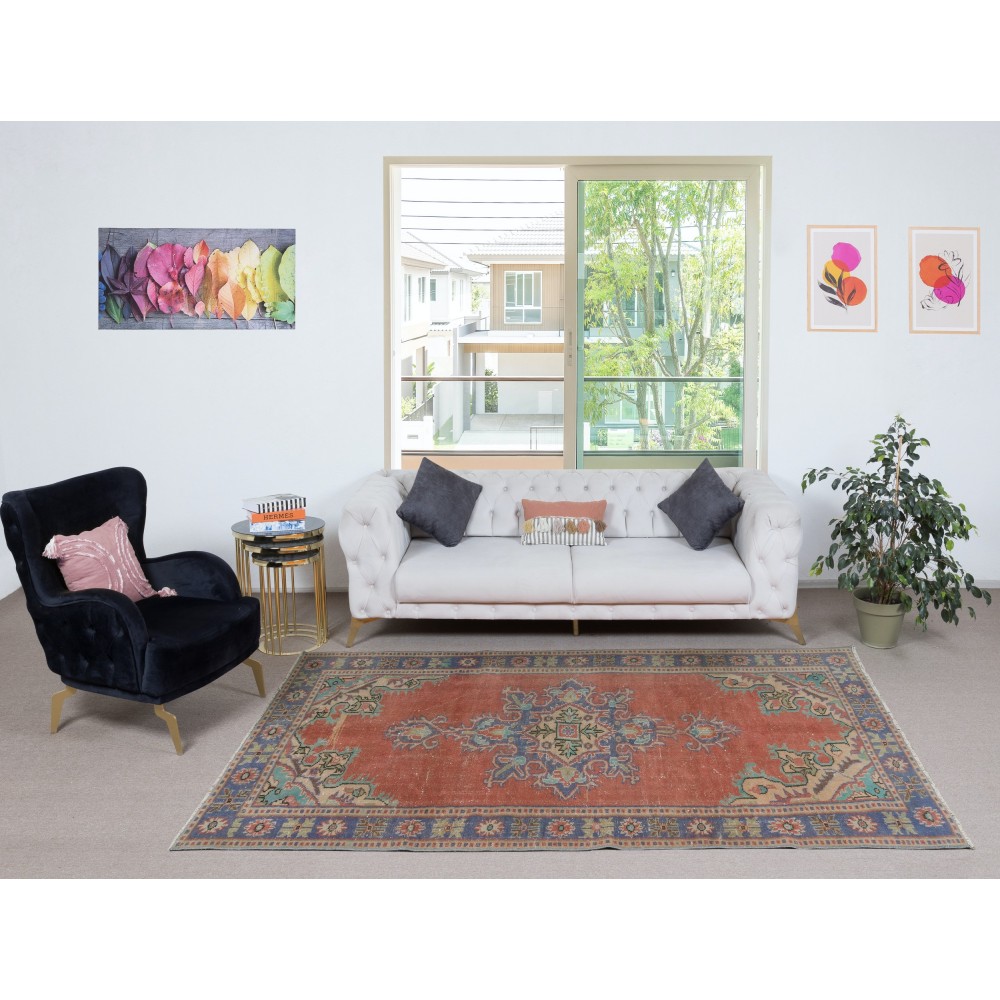 Traditional Vintage Handmade Wool Area Rug. One of a kind Turkish Carpet