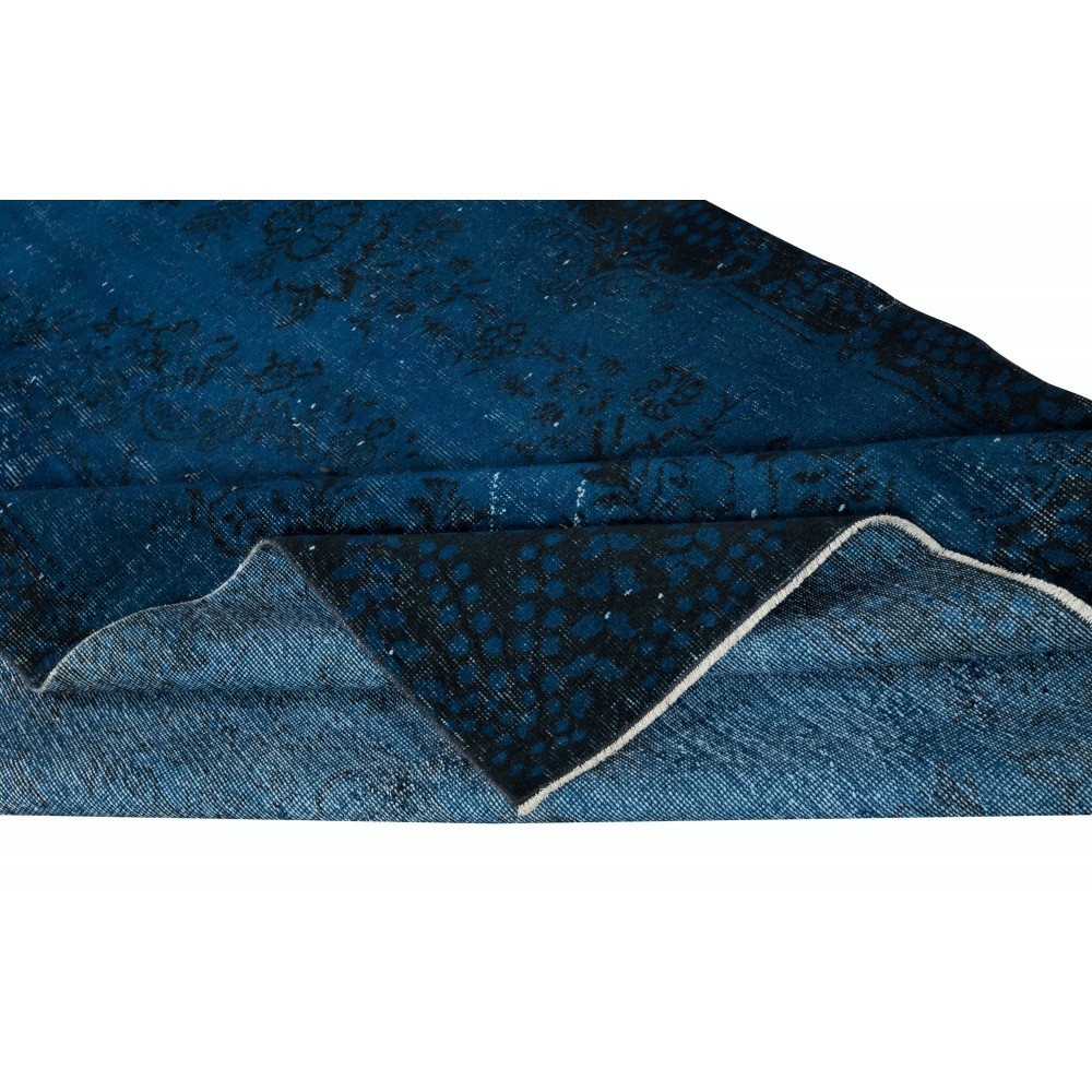 Modern Handmade Turkish Area Rug Over-Dyed in Dark Blue. Woolen Floor Covering