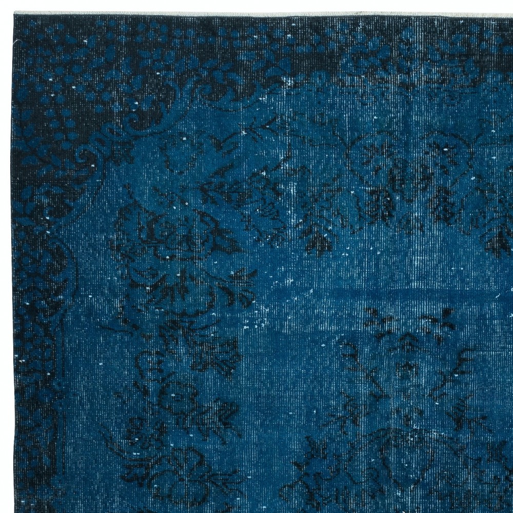 Modern Handmade Turkish Area Rug Over-Dyed in Dark Blue. Woolen Floor Covering