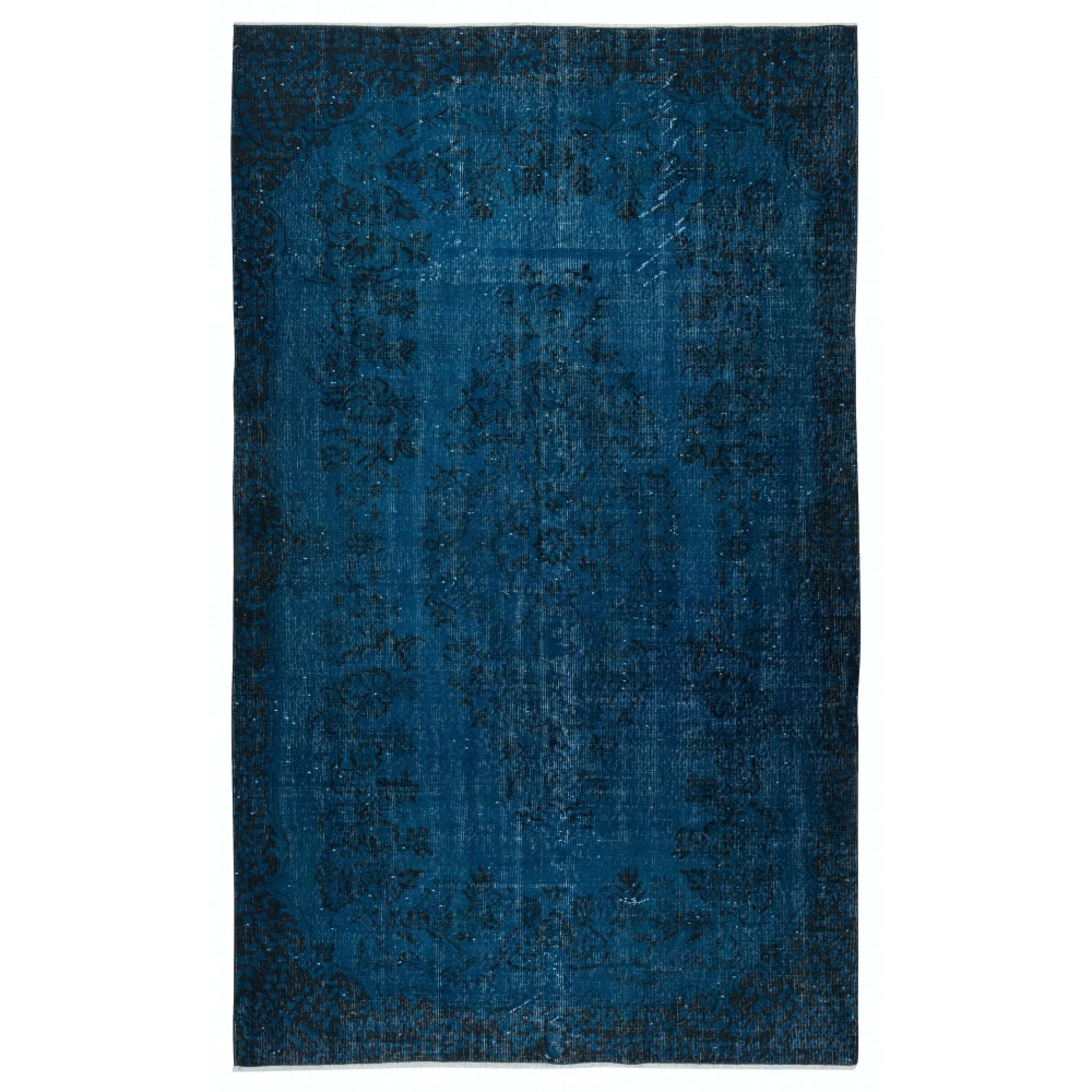 Modern Handmade Turkish Area Rug Over-Dyed in Dark Blue. Woolen Floor Covering