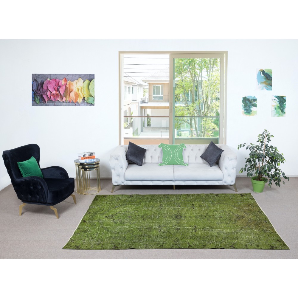 Green Color Wool Area Rug for Modern Interiors, Handmade in Turkey