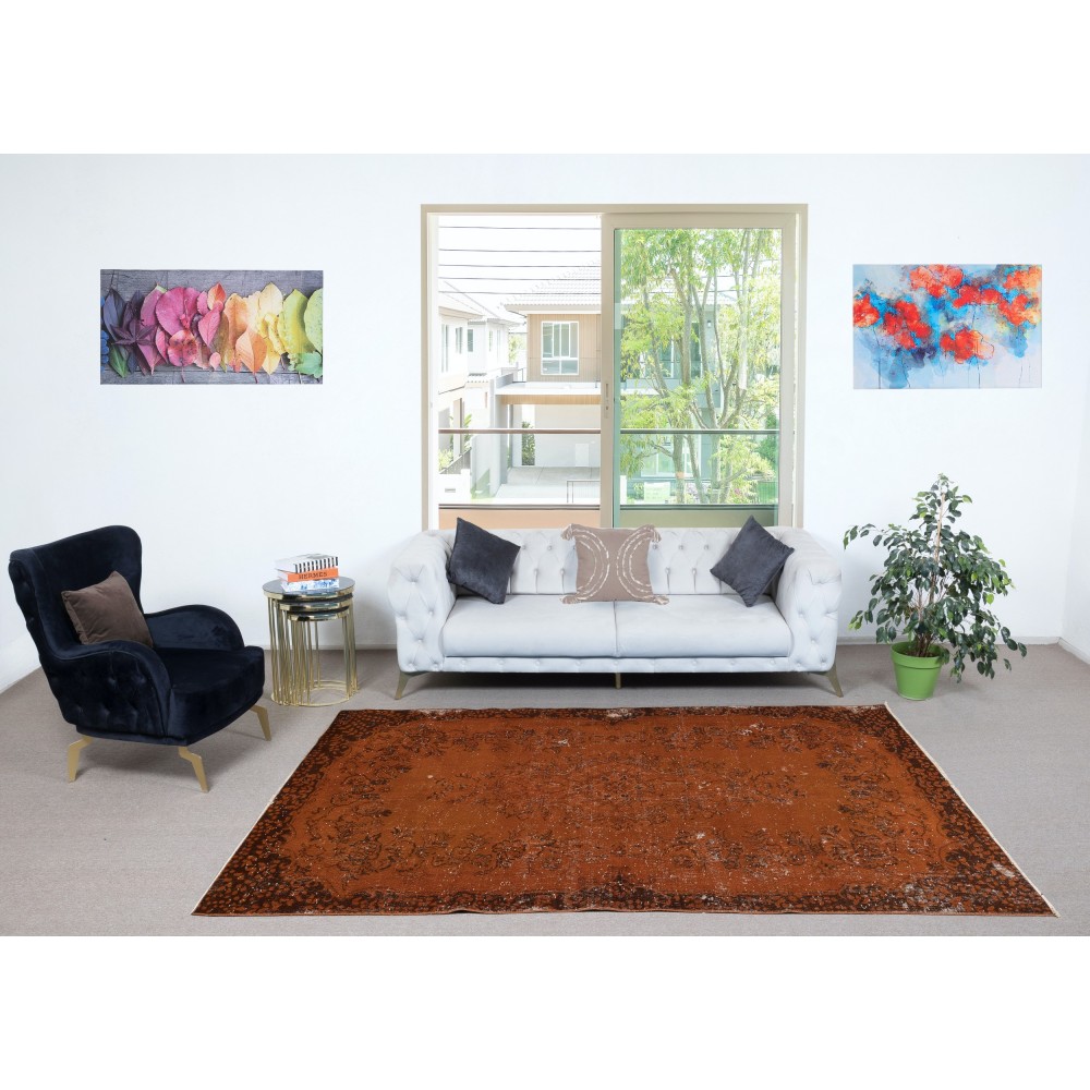 Distressed Handmade Turkish Wool Area Rug Re-Dyed in Orange Color