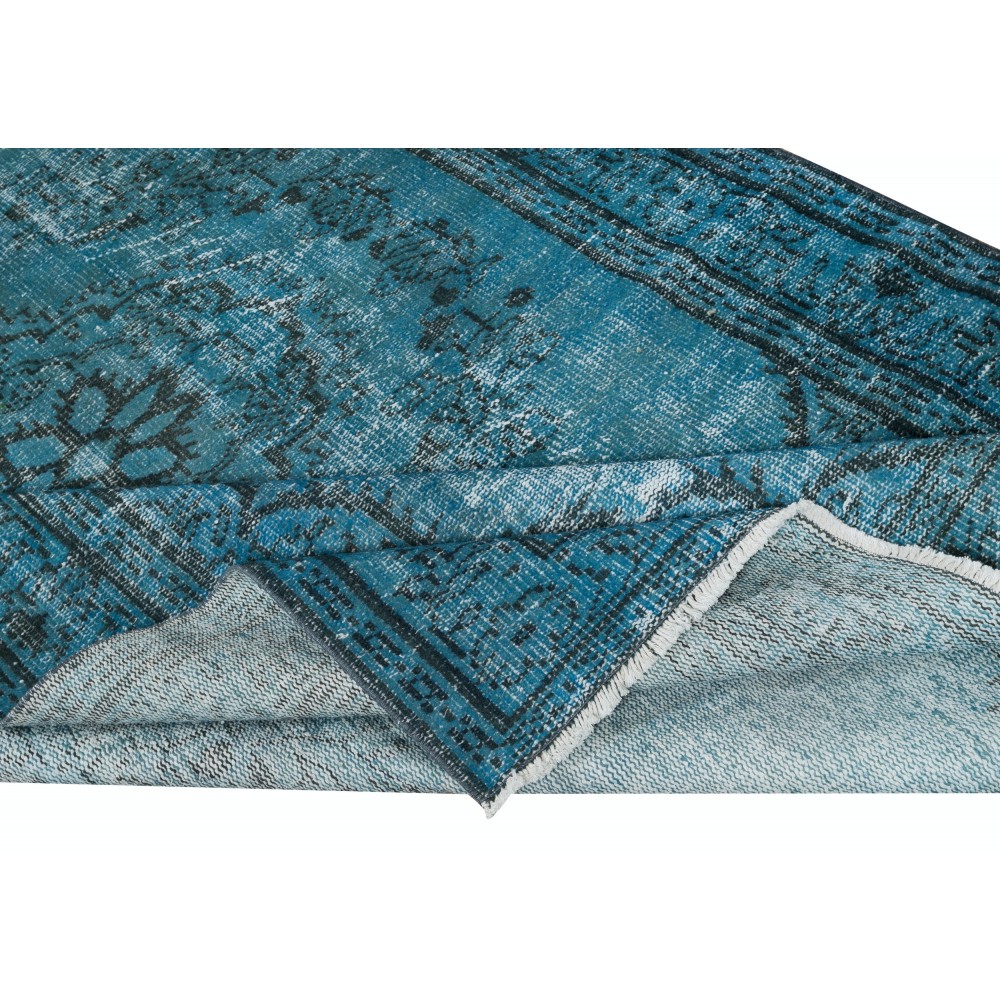 Modern Handmade Turkish Area Rug Over-Dyed in Blue. Woolen Floor Covering