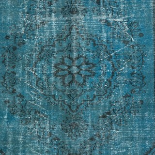 Modern Handmade Turkish Area Rug Over-Dyed in Blue. Woolen Floor Covering