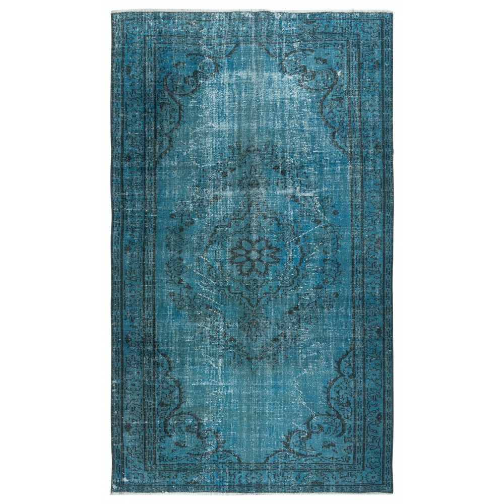 Modern Handmade Turkish Area Rug Over-Dyed in Blue. Woolen Floor Covering