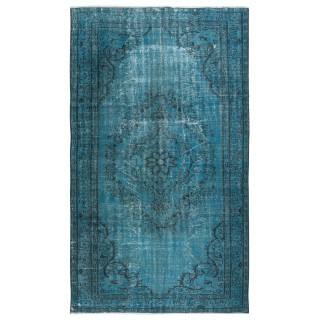Modern Handmade Turkish Area Rug Over-Dyed in Blue. Woolen Floor Covering