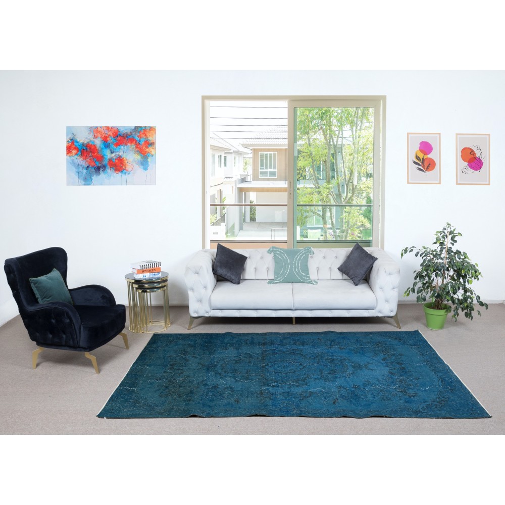 Modern Handmade Turkish Area Rug. Blue Color Living Room Carpet
