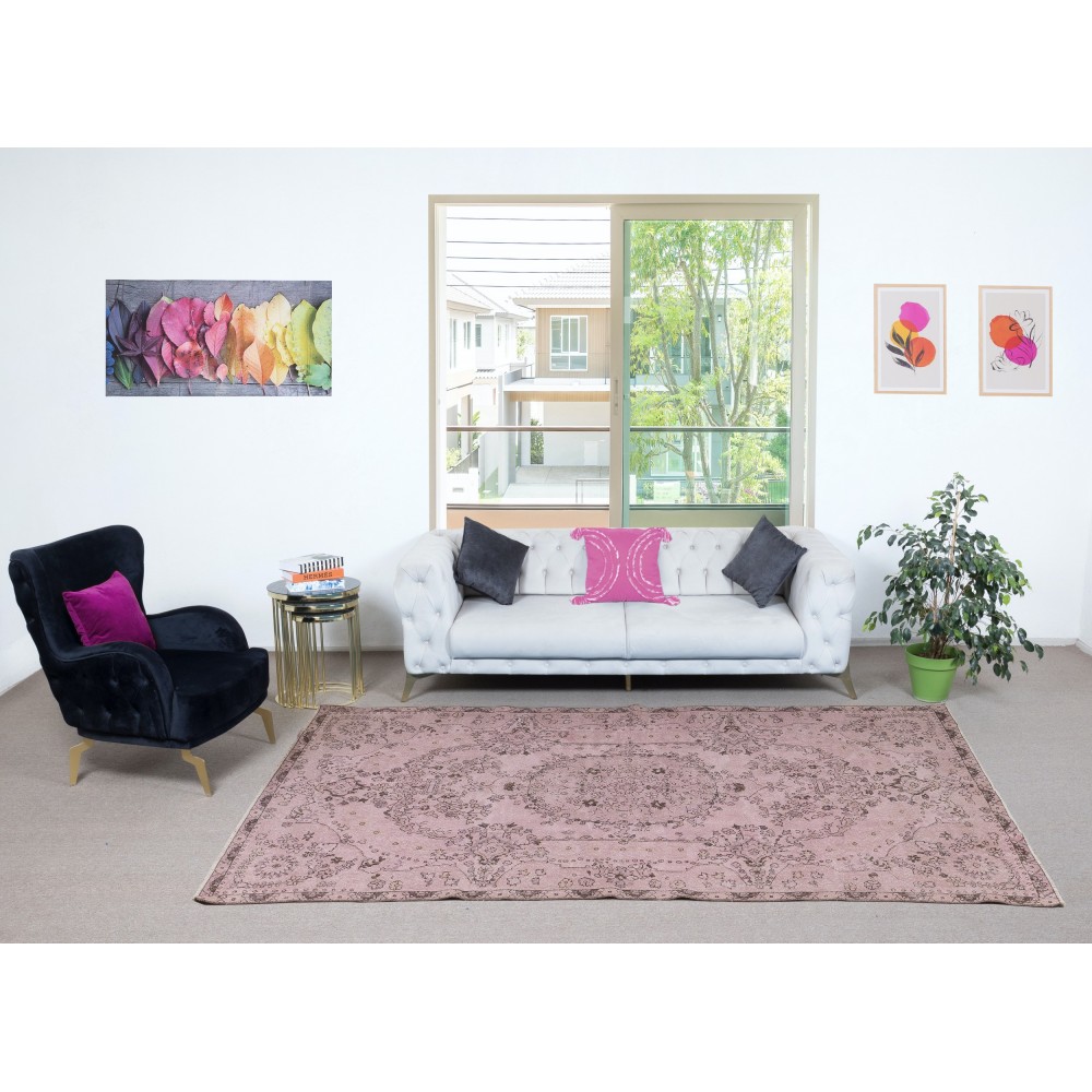 Vintage Handmade Turkish Wool Area Rug redyed in Pink Color for contemporary interiors