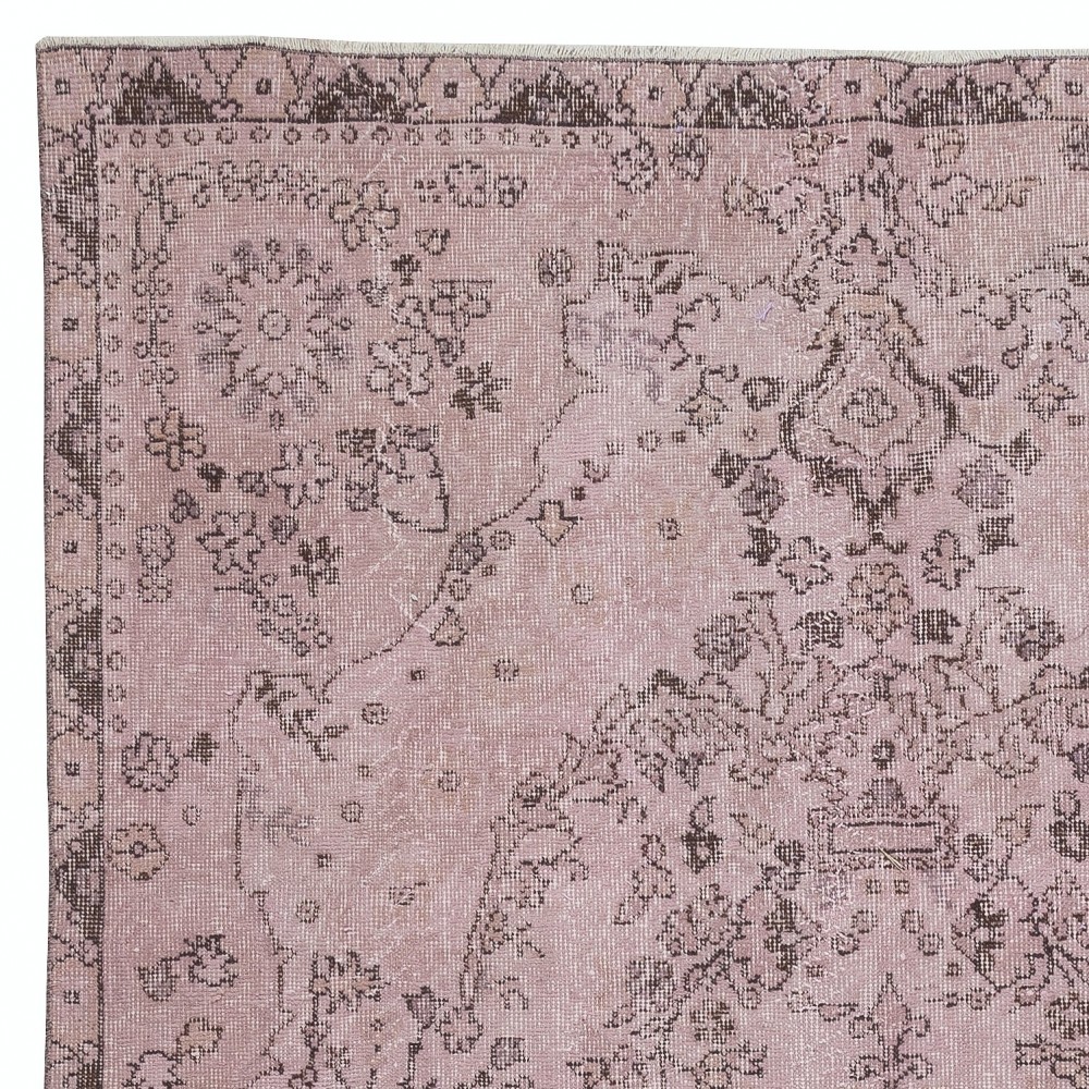 Vintage Handmade Turkish Wool Area Rug redyed in Pink Color for contemporary interiors