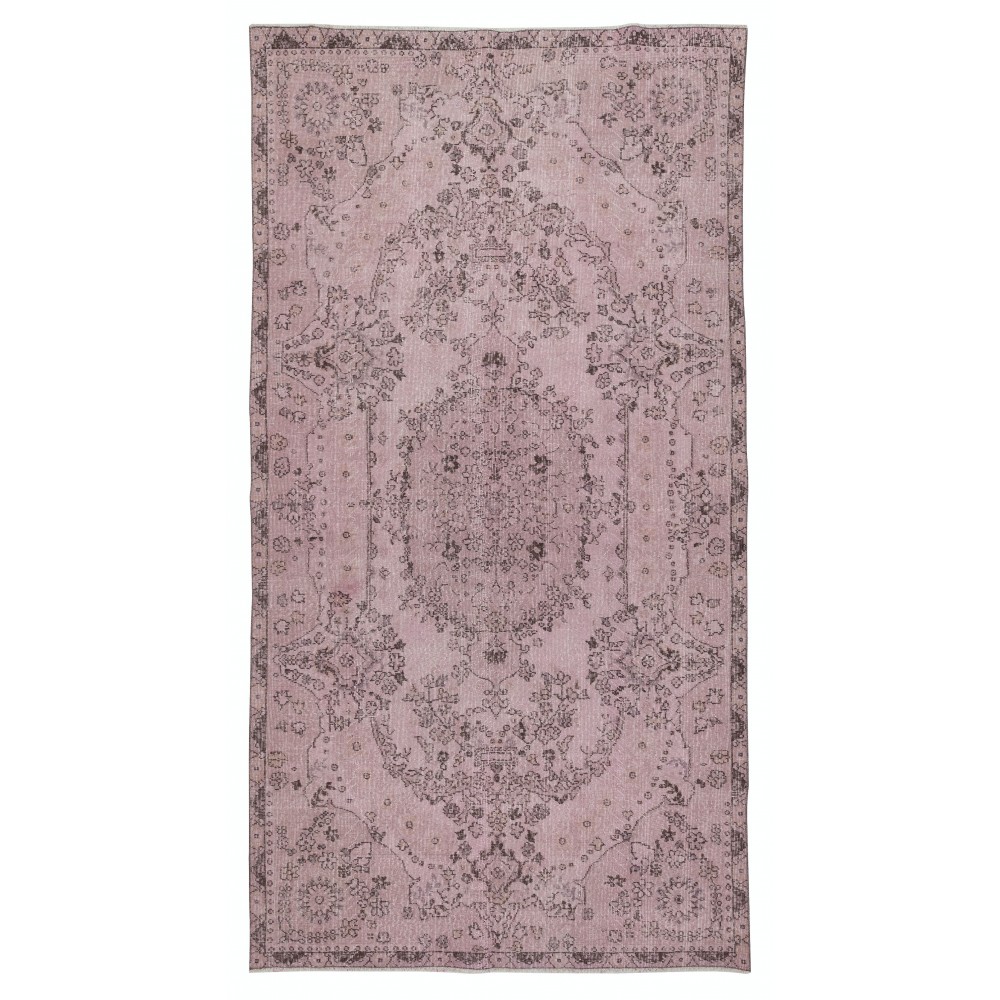 Vintage Handmade Turkish Wool Area Rug redyed in Pink Color for contemporary interiors