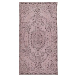 Vintage Handmade Turkish Wool Area Rug redyed in Pink Color for contemporary interiors