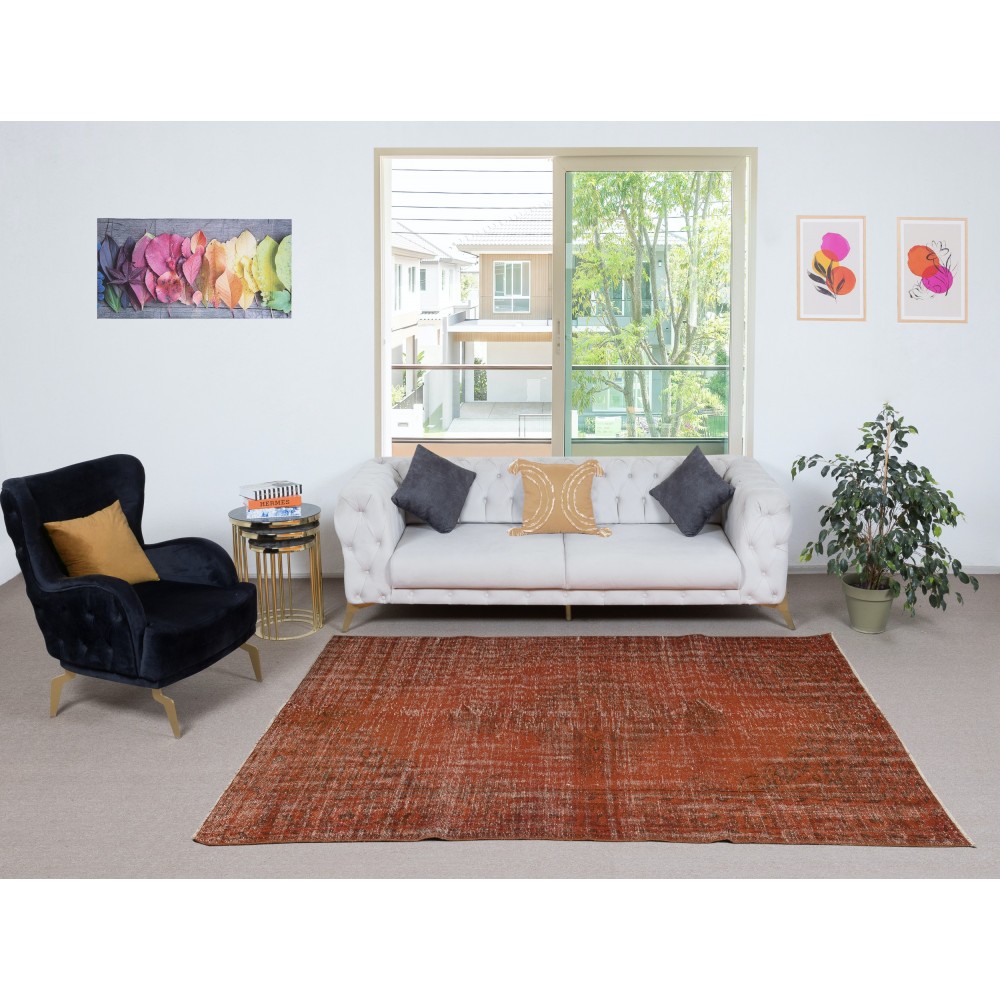Hand-Knotted Turkish Wool Area Rug in Orange. Modern Handmade Wool Rug