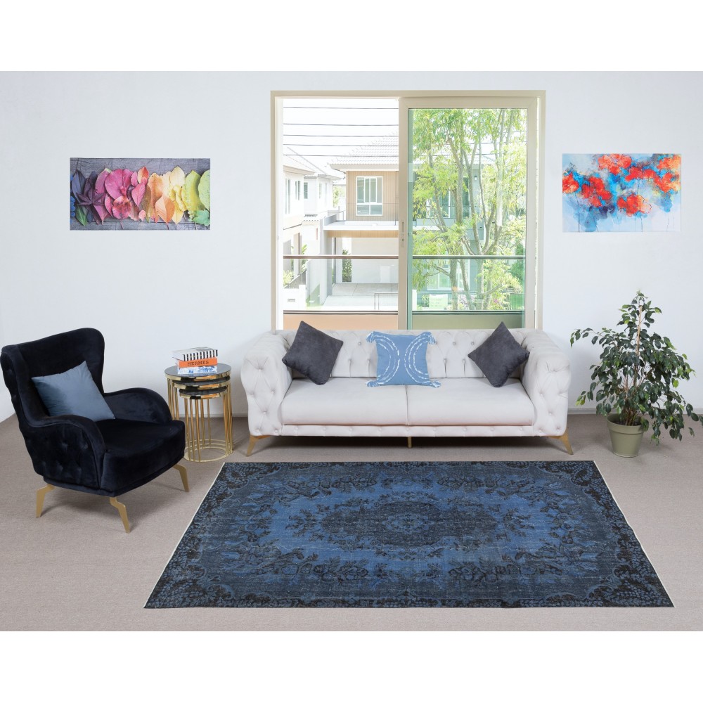 Modern Medallion Design Area Rug in Blue, Hand-woven and Hand-knotted in Turkey