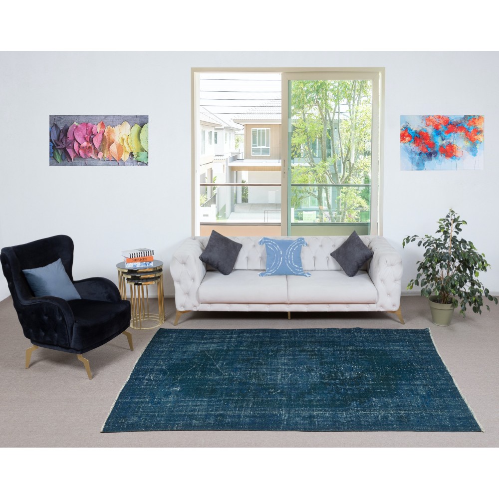 Contemporary Handmade Turkish Area Rug Over-Dyed in Navy Blue. Woolen Floor Covering
