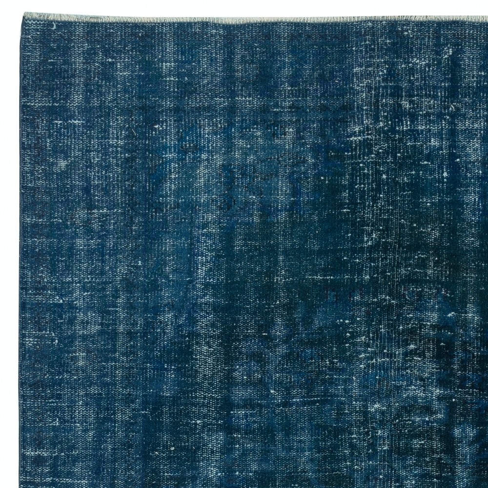 Contemporary Handmade Turkish Area Rug Over-Dyed in Navy Blue. Woolen Floor Covering