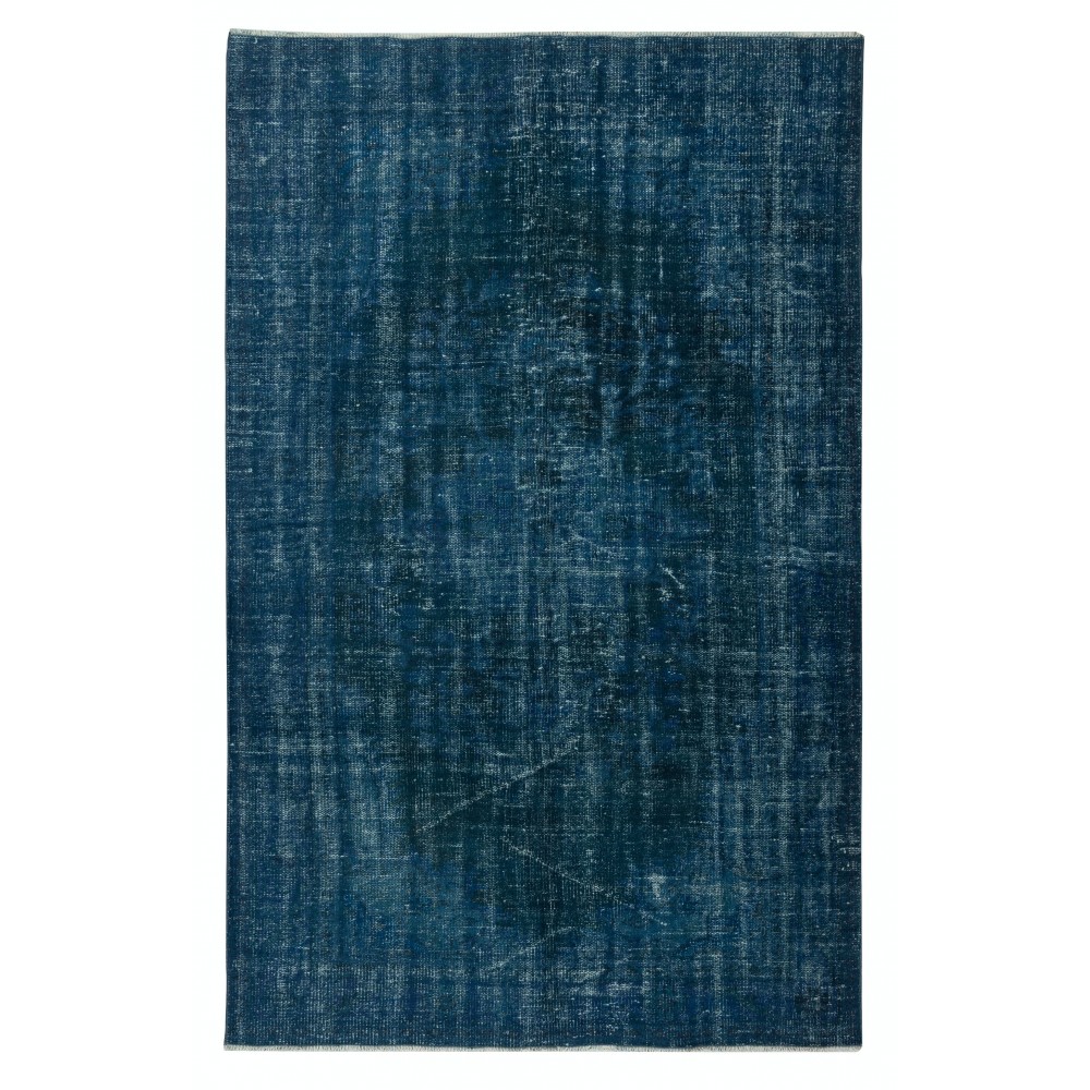 Contemporary Handmade Turkish Area Rug Over-Dyed in Navy Blue. Woolen Floor Covering
