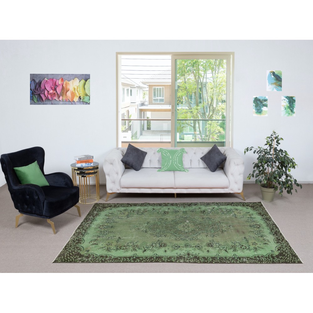 Green Color Contemporary Handmade Turkish Wool Area Rug with Medallion Design
