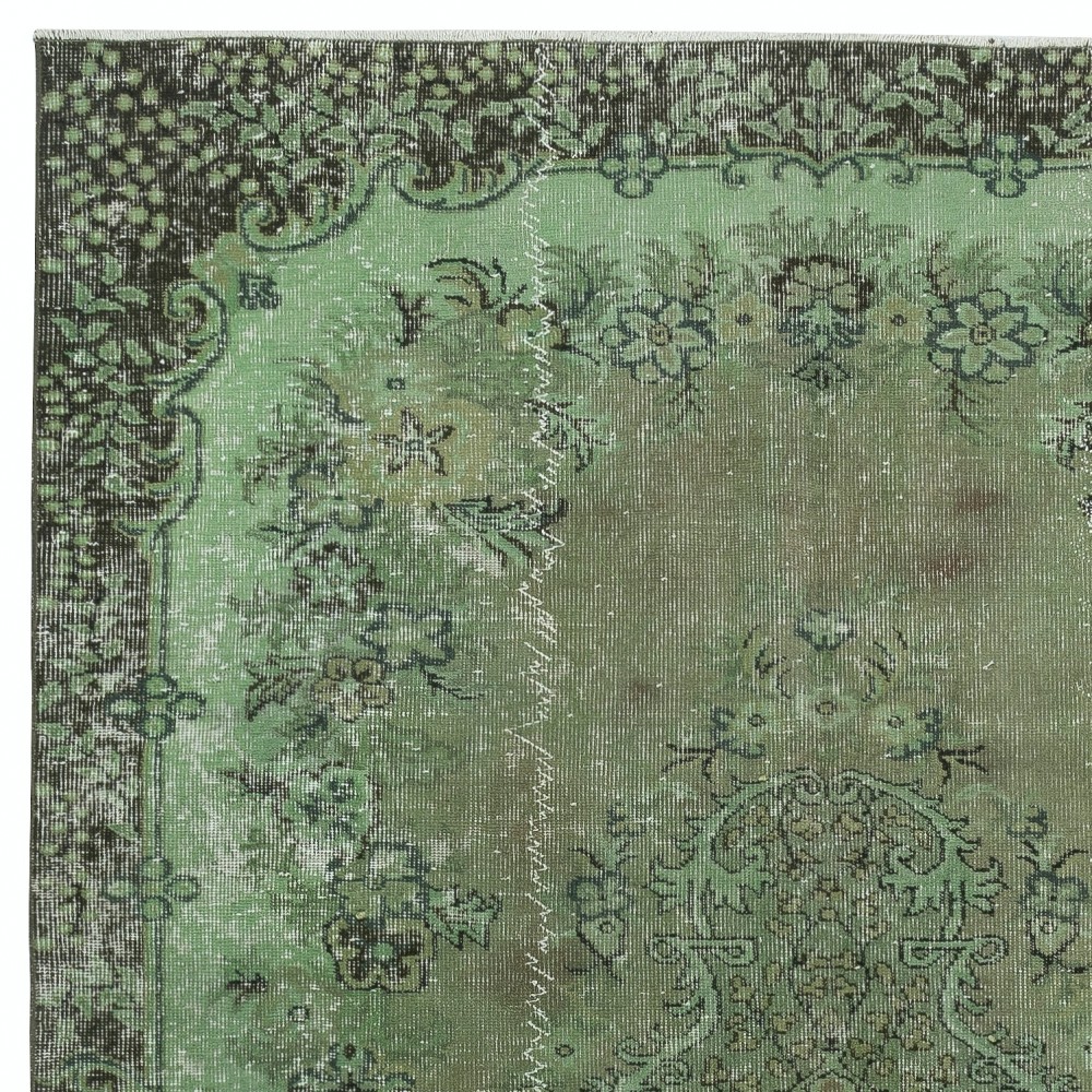 Green Color Contemporary Handmade Turkish Wool Area Rug with Medallion Design