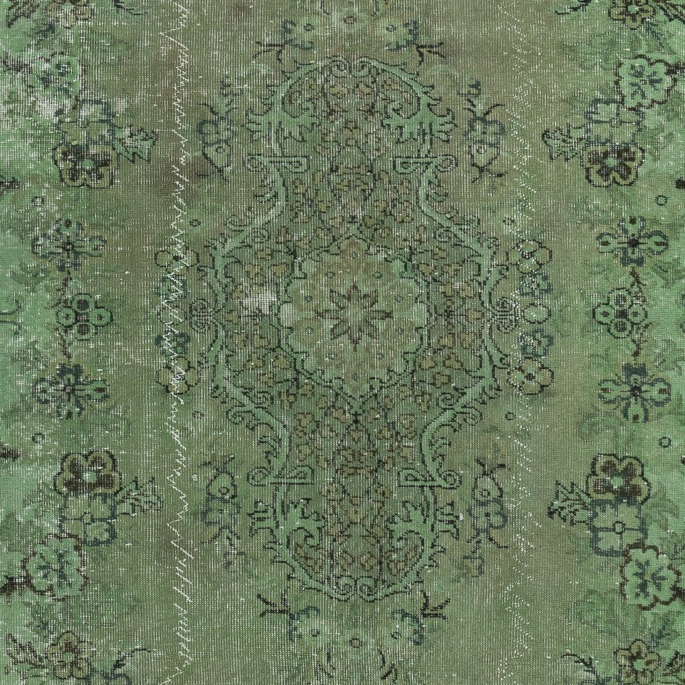 Green Color Contemporary Handmade Turkish Wool Area Rug with Medallion Design