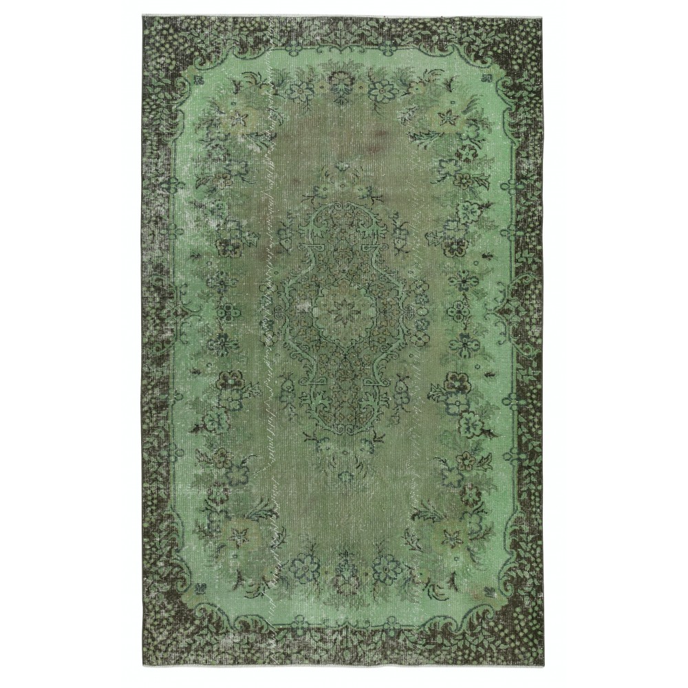 Green Color Contemporary Handmade Turkish Wool Area Rug with Medallion Design