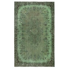 Green Color Contemporary Handmade Turkish Wool Area Rug with Medallion Design