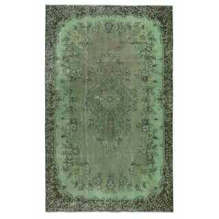 Green Color Contemporary Handmade Turkish Wool Area Rug with Medallion Design
