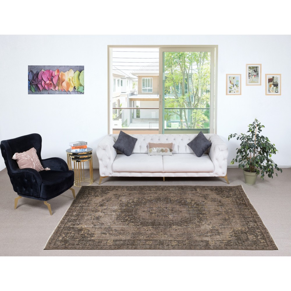 Hand-Made Floor Rug from Turkey. Brown Color Re-Dyed Area Rug