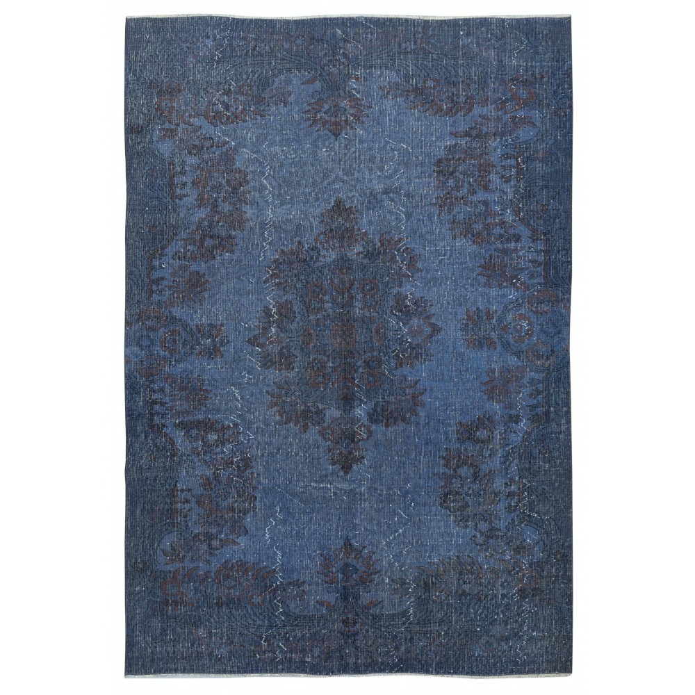 Contemporary Handmade Turkish Wool Area Rug in Blue. Low Pile Floor Covering