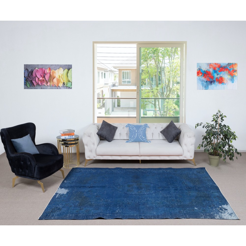 Shabby Chic Style Blue Color Area Rug for Modern Interiors, Hand-woven and Hand-knotted in Turkey
