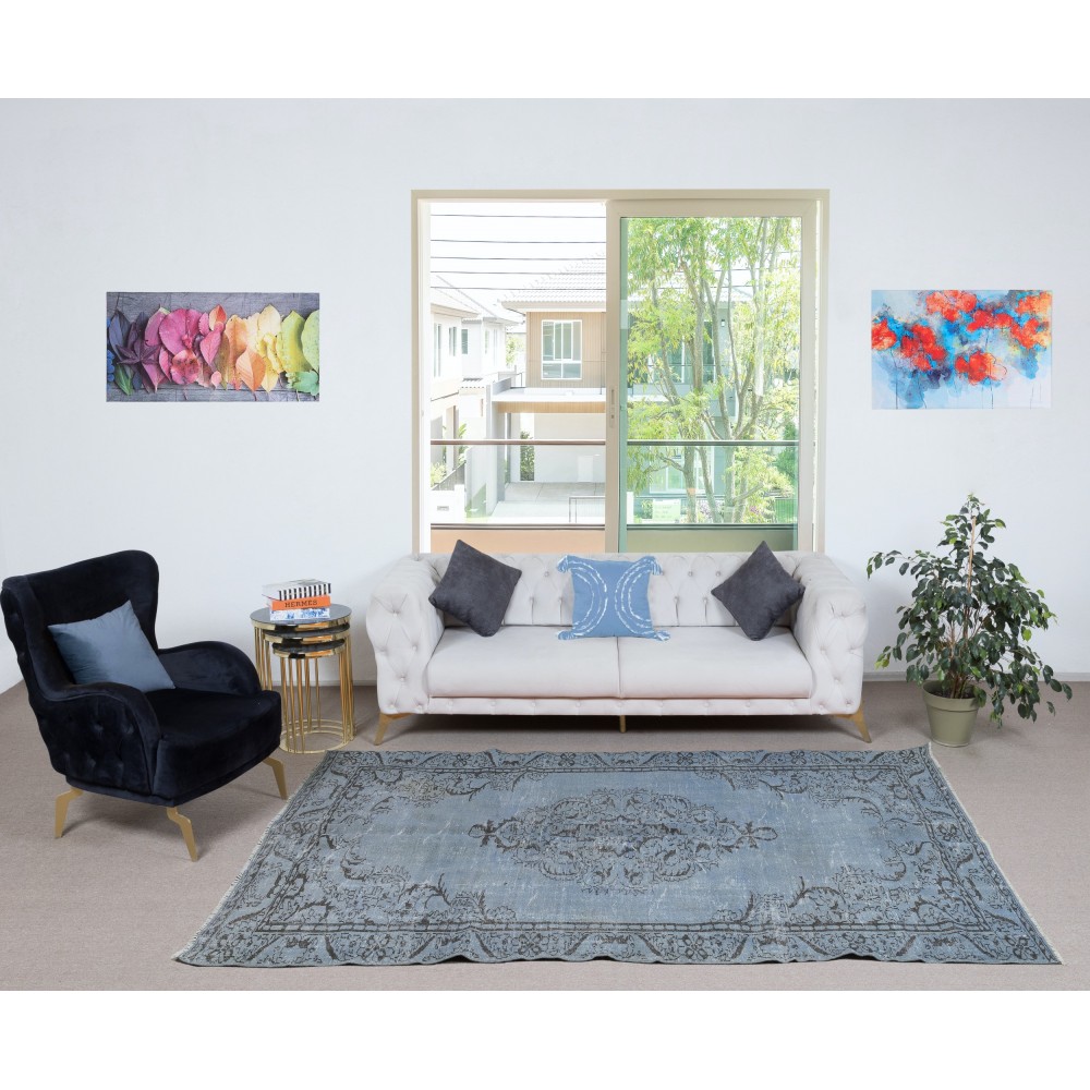 Vintage Turkish Area Rug dyed in Blue 4 Modern Interiors