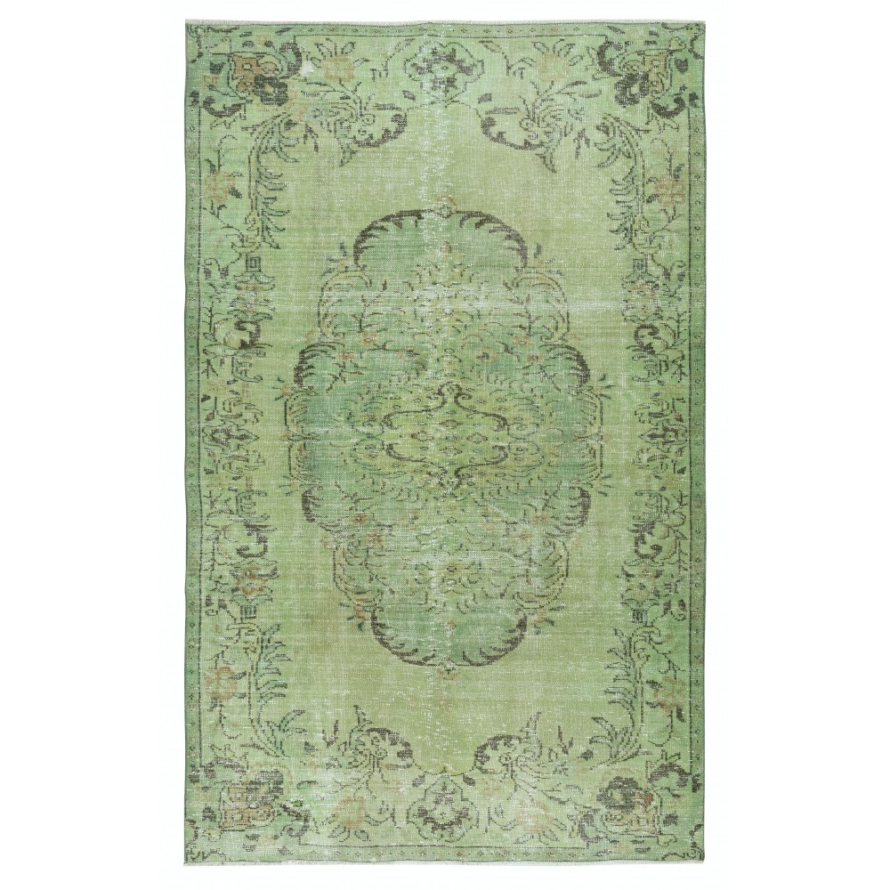 Handmade Anti-bacterial Wool Area Rug. Green Color Hand Knotted Turkish Rug